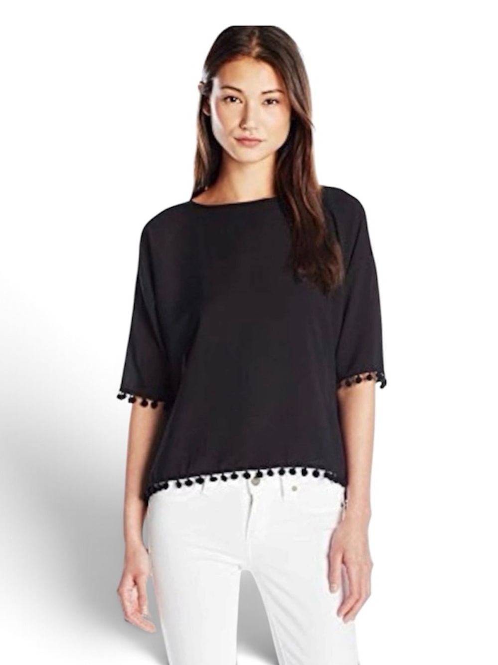 French Connection “Pom Pom Polly” Top in Black Women's Sz XS (Generous Fit)